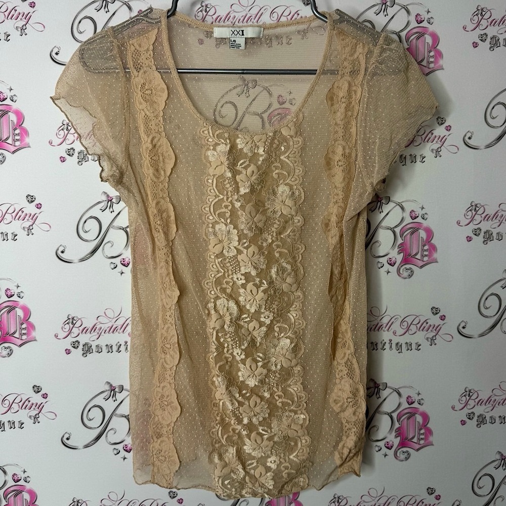 Forever 21 tshirt mesh lace Lacie floral flower Tan Ruffled Embellished Blouse